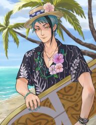 1boy bead_bracelet beads black_hair black_shirt blue_hair blue_nails bracelet commentary flower hashtag-only_commentary hat hat_flower holding holding_surfboard jade_leech jewelry male_focus multicolored_hair ocean shirt shore short_hair_with_long_locks smile solo streaked_hair surfboard sweat tree twisted_wonderland two-tone_hair upper_body vasiliy-plumber yellow_eyes