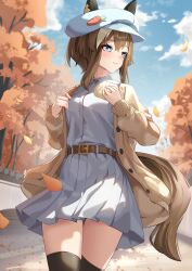 1girl absurdres animal_ears autumn steamed_bun belt blue_eyes breasts brown_hair casual cheval_grand_(umamusume) cloud commentary_request food hair_between_eyes hat highres horse_ears horse_girl horse_tail leaf medium_breasts medium_hair sky smile solo sunny_(20597521) tail thighhighs tree umamusume