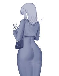 Rule 34 | 1girl, absurdres, ass, bag, blush, breasts, cellphone, chain, closed mouth, commentary, covered eyes, cowboy shot, dress, earclip, earrings, english commentary, from behind, hand up, highres, holding, holding phone, jacket, jewelry, large breasts, long dress, long hair, looking at phone, median furrow, monochrome, original, phone, shoulder bag, signature, simple background, smartphone, solo, standing, stud earrings, taut clothes, taut dress, white background, yukaraishin