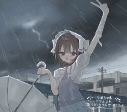1girl arm_up bandaged_arm bandages blue_skirt brown_eyes brown_hair building camisole commission cowboy_shot frilled_skirt frills glasses hairband highres holding holding_umbrella lightning lolita_fashion lolita_hairband looking_at_viewer open_mouth original outdoors power_lines purple_camisole rain short_hair short_sleeves shrug_(clothing) skeb_commission skirt smile solo standing storm taiji_(taiji_0) thunderstorm umbrella urban utility_pole v white_shrug
