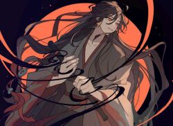 1boy black_background black_hair black_hanfu chinese_clothes coat collarbone flute grey_coat gumiyasaisai hair_between_eyes hair_down hair_ribbon hanfu holding holding_flute holding_instrument instrument long_hair long_sleeves looking_to_the_side male_focus modao_zushi official_alternate_costume official_alternate_hairstyle parted_lips red_eyes red_ribbon ribbon smile smoke solo tassel third-party_source upper_body very_long_hair wei_wuxian wide_sleeves