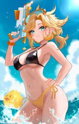 1girl absurdres aki_hoshino artist_name bikini bird black_bikini blonde_hair blue_sky blush breasts closed_mouth cloud commentary cowboy_shot day dokibird_(summer) dokibird_(vtuber) dragoon_(dokibird) ear_piercing english_commentary feather_hair goggles goggles_on_head green_eyes hand_on_own_hip highres holding holding_water_gun indie_virtual_youtuber jewelry large_breasts looking_at_viewer low_ponytail mismatched_bikini navel necklace ocean orange_scrunchie outdoors pendant piercing pinstripe_pattern pointy_ears ponytail scrunchie side-tie_bikini_bottom sky smile solo standing stomach sunlight swim_goggles swimsuit underboob virtual_youtuber wading water water_drop water_gun wet wrist_scrunchie yellow_bikini yellow_bird