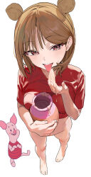 Rule 34 | 1girl, absurdres, animal ears, barefoot, bear ears, brown hair, cosplay, crop top, fake animal ears, feet, female pubic hair, highres, honey, honeypot, looking at viewer, original, piglet (winnie the pooh), pooh, pooh (cosplay), pubic hair, red eyes, red shirt, shirt, some1else45, standing, tongue, tongue out, winnie the pooh