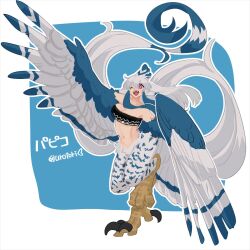 1girl absurdly_long_hair artist_name bird_legs bird_tail black_tube_top blue_background blue_feathers bright_pupils commentary_request feather_hair feathered_wings feathers harpy highres long_hair midriff monster_girl navel one_eye_closed original pink_eyes solo standing standing_on_one_leg strapless tail talons tube_top two-tone_background two-tone_wings urotori very_long_hair white_background white_feathers white_hair white_pupils white_wings winged_arms wings