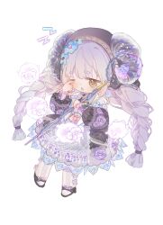 1girl absurdres apron azi_butaizi black_headscarf black_jacket black_shoes blue_flower blunt_bangs blunt_ends braid brown_eyes capelet chibi chinese_commentary commentary_request country_lolita cross-laced_clothes cross-laced_legwear cross-laced_sleeves curled_horns dress flower frilled_sleeves frills fringe_trim grey_apron grey_capelet hair_flower hair_ornament hair_tie headscarf high_heels highres holding holding_staff horns horns_through_headwear infinity_nikki jacket lace lace-trimmed_dress lace_trim light_blush lolita_fashion long_hair long_sleeves looking_ahead low_twin_braids medium_dress nikki_(series) one_eye_closed open-toe_shoes open_clothes open_jacket open_mouth pantyhose pastoral_dance_(infinity_nikki) puffy_long_sleeves puffy_sleeves purple_dress purple_flower purple_hair rubbing_eyes sheep sheep_horns shoes simple_background sleepy sleeves_past_wrists solo staff tearing_up teeth translucent_horns twin_braids upper_teeth_only very_long_hair white_background white_pantyhose zzz