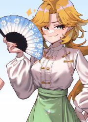 Rule 34 | 1girl, alternate costume, aqua eyes, blonde hair, blue background, closed mouth, cowboy shot, dokibird, fang, folding fan, gradient background, green skirt, hand fan, hand on own hip, highres, hikamio, holding, holding fan, indie virtual youtuber, long hair, long sleeves, shirt, shirt tucked in, skin fang, skirt, smile, solo, virtual youtuber, white background, white shirt