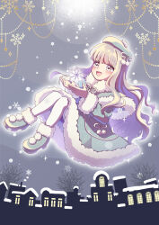 1girl bare_tree beret blue_boots blue_capelet blue_dress blue_hat blush boots brown_eyes brown_hair capelet dress full_body fur-trimmed_boots fur-trimmed_capelet fur-trimmed_dress fur-trimmed_sleeves fur_trim hat highres knees_up long_hair nagii2 night open_mouth original outdoors pantyhose pom_pom_footwear pom_pom_hat_ornament smile snow snowflakes snowing solo tree white_pantyhose winter