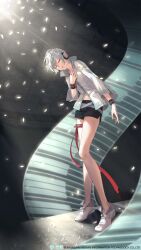 Rule 34 | 1girl, absurdres, bare legs, belt, black shorts, blue eyes, boots, chinese text, closed eyes, closed mouth, english text, flat chest, from below, full body, hand on own chest, headset, highres, jacket, long sleeves, navel, red ribbon, ribbon, short hair, short shorts, shorts, standing, thigh strap, tomboy, vocaloid, vsinger (vocaloid), watermark, white boots, wide sleeves, wristband, yanhe, yanhe v3