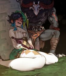 2boys absurdres beret blush bottle closed_eyes commission doppel_(bonnypir) drunk genshin_impact green_hair green_shorts hat highres hilichurl_(genshin_impact) holding holding_bottle imminent_rape jacket large_penis loincloth long_sleeves medium_hair mitachurl_(genshin_impact) monster multiple_boys open_mouth pantyhose penis shorts sitting sleeping smile squeans thighs trap tree uncensored venti_(genshin_impact) wariza white_jacket white_pantyhose wine_bottle