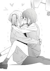 2girls arms_around_neck closed_eyes commentary dress food food_in_mouth french_kiss from_side girls_band_cry greyscale heart highres hina_(girls_band_cry) iseri_nina kiss long_sleeves lwmina70119 monochrome multiple_girls nail_polish pantyhose pocky pocky_day pocky_in_mouth pocky_kiss profile shared_food shirt shoes short_twintails socks trembling twintails yuri