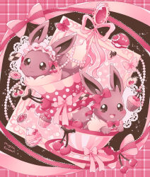 Rule 34 | :3, :d, blush, bow, bowtie, brown eyes, checkered background, cherry, closed mouth, commentary request, cup, cupcake, eevee, food, fruit, gen 1 pokemon, grid background, in container, in cup, macaron, mugita konomi, nintendo, no humans, open mouth, pink background, pink bow, pink bowtie, pink ribbon, pokemon, pokemon (creature), ribbon, smile, teacup