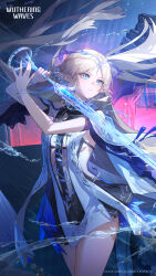 1girl absurdres bare_shoulders black_collar black_dress blonde_hair blue_eyes breasts cartethyia_(wuthering_waves) character_name chinese_text closed_mouth collar commentary crown_of_thorns dress earrings english_commentary highres holding holding_sword holding_weapon jewelry logo long_hair looking_ahead medium_breasts multicolored_hair official_art pointy_ears solo sword tabard tacet_mark_(wuthering_waves) very_long_hair water weapon white_tabard wuthering_waves