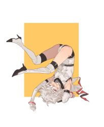 1girl ass belt black_thighhighs boots clenched_teeth elbow_gloves gloves grey_boots grey_gloves grey_hair grey_leotard high_heel_boots high_heels highres hooded_leotard jiguang_haibao knee_boots leotard one_eye_closed orange_background over-kneehighs short_hair shy_(character) shy_(series) solo teeth thighhighs upside-down white_background