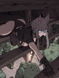 1girl 5boys :3 absurdres animal_ears ass blue_eyes breasts cat_ears cat_girl colored_skin commentary_request constricted_pupils crawling cropped_jacket crossed_bangs ears_up furrowed_brow glowing glowing_eyes green_skin grey_hair hair_between_eyes happening18 highres huge_ass indoors jacket korean_commentary large_breasts monster_boy mouth_hold multiple_boys muscular muscular_male open_clothes open_jacket orc original outstretched_arm revealing_clothes revision shiny_skin short_hair_with_long_locks short_sleeves skindentation smile sneaking tusks wide-eyed wide_hips worried