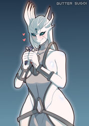 1girl 2boys aqua_eyes artist_name asymmetrical_horns breasts butter_sugoi carrying carrying_person curvy giant giantess heart highres horns medium_breasts multiple_boys smile ultra_series ultraman_agul ultraman_gaia ultraman_gaia_(series) wide_hips zogu_(ultra_series)