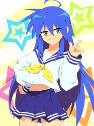 1girl :3 absurdres ahoge blue_hair blue_sailor_collar commentary english_commentary goodboideogie green_eyes highres izumi_konata long_hair lucky_star mole mole_under_eye neckerchief sailor_collar school_uniform serafuku solo yellow_neckerchief