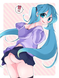 Rule 34 | 1girl, aqua eyes, aqua hair, ass, bad id, bad pixiv id, female focus, hatsune miku, long hair, looking back, no panties, ryuuga sazanami, skirt, solo, striped background, thighhighs, twintails, very long hair, vocaloid