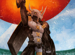 arm_belt arm_guards arm_up armor baltarbd belt black_armor black_belt black_skin blackwargreymon blonde_hair breastplate colored_skin digimon digimon_(creature) energy energy_ball fake_horns grey_armor helmet highres horned_helmet horns looking_at_viewer multicolored_armor powering_up reptile_boy short_hair shoulder_armor shoulder_spikes sleeveless solo spikes wargreymon x yellow_eyes