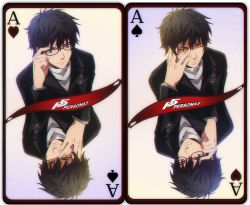 10s 1boy 2015 adjusting_eyewear amamiya_ren artist_name black_eyes black_hair border card card_(medium) dual_persona emblem expressionless glasses gradient_background heart persona persona_5 school_uniform smirk spade title yellow_eyes
