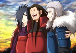 Rule 34 | 3boys, akilaeeee, armor, black eyes, black hair, brown hair, closed eyes, cloud, cloudy sky, commentary request, evening, forehead protector, fur collar, grey hair, hair over one eye, happy, japanese armor, konohagakure symbol, long hair, long sleeves, male focus, multiple boys, naruto, naruto (series), ninja, one eye covered, outdoors, red eyes, scar, scar on face, senju hashirama, senju tobirama, short hair, shoulder armor, sky, smile, spiked hair, uchiha madara
