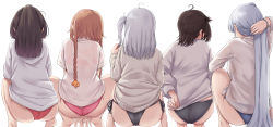 5girls absurdres ahoge akizuki_(kancolle) ass back back_focus barefoot black_hair black_panties blue_panties bra braid brown_hair from_behind full_body fuyutsuki_(kancolle) grey_hair grey_sweater hair_flaps hair_focus hair_ornament hatsuzuki_(kancolle) highres hood hoodie kantai_collection kiritto long_hair long_sleeves multiple_girls one_side_up panties ponytail propeller_hair_ornament red_bra red_panties see-through_clothes see-through_shirt shirt short_hair short_sleeves side-tie_panties simple_background soles squatting suzutsuki_(kancolle) sweater teruzuki_(kancolle) twin_braids underwear very_long_hair white_background white_hair white_hoodie white_shirt white_sweater