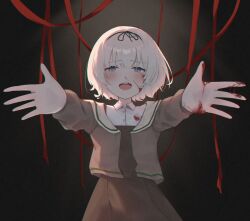 Rule 34 | 1girl, absurdres, black bow, black dress, black hairband, blood, blood on face, blood on hands, bob cut, bow, cardigan, ciza gomi, collared shirt, dress, grey cardigan, grey hair, hair bun, hairband, hanamura hinako, highres, kitanai kimi ga ichiban kawaii, long sleeves, open cardigan, open clothes, open mouth, reaching, reaching towards viewer, shirt, short hair, smile, solo, variant set, white shirt