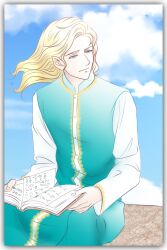 1boy blonde_hair blue_eyes book cinemairon closed_mouth cloud day elf finrod floating_hair holding holding_book looking_to_the_side male_focus pointy_ears prince sitting sky solo the_silmarillion tolkien&#039;s_legendarium