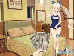 blonde_hair blue_eyes breasts bukkake chain cleavage cum cum_on_body elf facial kirika_towa_alma long_hair masturbation money pointy_ears prostitution school_swimsuit shining_(series) shining_bitch shining_resonance slave swimsuit third-party_edit yen