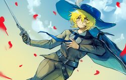 1girl absurdres belt black_belt black_gloves black_jacket black_pants blonde_hair blue_cape blue_hat blue_necktie cape cavalier_hat cinq_association_south_uniform collared_shirt don_quixote_(project_moon) falling_petals gloves hat hat_feather highres jacket limbus_company looking_at_viewer musketeer necktie outdoors pants petals project_moon qiujia rapier red_petals shirt short_hair simple_background single_glove smile solo standing sword upper_body weapon white_shirt yellow_eyes