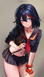 1girl absurdres alfarejected artist_name black_hair black_sailor_collar black_serafuku black_shirt black_skirt blue_eyes blush commentary_request cowboy_shot crop_top double-parted_bangs grey_background hair_between_eyes hand_on_own_thigh highres kill_la_kill leaning_forward looking_at_viewer matoi_ryuuko medium_hair midriff miniskirt multicolored_hair navel neckerchief parted_lips pleated_skirt red_hair red_neckerchief sailor_collar school_uniform senketsu serafuku shirt simple_background skirt smile solo standing streaked_hair suspenders three-quarter_sleeves two-tone_hair
