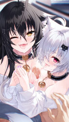 1boy 2girls absurdres ahoge bell black_collar black_hair breasts cat_hair_ornament collar cooperative_paizuri cum cum_in_mouth cum_on_body cum_on_breasts cum_on_hair cum_on_tongue cum_on_upper_body facial fang grey_hair hair_ornament hair_over_one_eye hasumi_(hasubatake39) highres jingle_bell kuon_(hasumi_(hasubatake39)) large_breasts long_hair multiple_girls naked_shirt neck_bell nipples original paizuri pov red_eyes setsuna_(hasumi_(hasubatake39)) shirt short_hair teamwork_(sexual) tongue tongue_out yellow_eyes