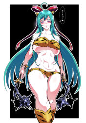 1girl abs absurdres animal_print aqua_hair bikini bow breasts cone_horns cosplay crossover fur_bikini furcas_(megido72) grin highres holding holding_mace holding_weapon horns large_breasts long_hair looking_at_viewer lum lum_(cosplay) mace medium_breasts megido72 muscular muscular_female navel open_mouth pink_bow pink_eyes print_bikini print_boots shinkuukan_(tetsuo3) smile solo speech_bubble strapless strapless_bikini swimsuit teeth tiger_print urusei_yatsura weapon yellow_bikini