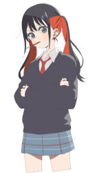 Rule 34 | 1girl, black hair, black sweater vest, blue skirt, blush, crossed arms, food, food in mouth, grey eyes, highres, long hair, looking at viewer, meito (maze), multicolored hair, necktie, plaid clothes, plaid skirt, pocky, pocky in mouth, red hair, red necktie, school uniform, shirt, simple background, skirt, solo, sono bisque doll wa koi wo suru, standing, sugaya nowa, sweater vest, thighs, twintails, two-tone hair, white background, white shirt