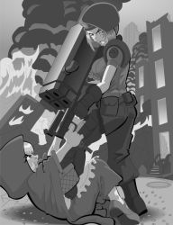 2girls andy_robles b.b._hood beret bullet capcom cape city crossover darkstalkers dual_wielding extended_magazine fire greyscale gun hat holding hood hood_up hooded_cape hoot jill_valentine m202_flash marvel marvel_vs._capcom mexican_standoff monochrome multiple-barrel_gun multiple_girls multishot_rocket_launcher resident_evil rocket_launcher submachine_gun uzi weapon