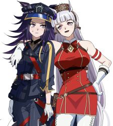 Rule 34 | 2girls, animal ears, arm around shoulder, armband, bare shoulders, belt, belt pouch, blunt bangs, bow, breasts, closed mouth, cowboy shot, dress, ear bow, ear covers, ears through headwear, fenomeno (umamusume), flipped hair, gloves, gold ship (umamusume), guinea499, hand on another&#039;s shoulder, hand on own hip, hat, highres, horse ears, horse girl, horseshoe hat ornament, horseshoe ornament, large breasts, leggings, long hair, long sleeves, military hat, military uniform, multiple girls, open mouth, pants, pillbox hat, pink eyes, pouch, purple hair, red bow, red dress, smile, sparkle, strap, striped hat, sweat, umamusume, white background, white gloves, white hair, white leggings