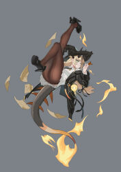 1girl absurdres arknights ass black_bow black_hat black_horns black_jacket black_necktie black_ribbon black_shoes blonde_hair bow brown_pantyhose bug butterfly butterfly_on_hand chinese_commentary collared_dress commentary diagonal-striped_clothes diagonal-striped_necktie dress feimaobushuomiao fire flame-tipped_tail floating footwear_bow full_body green_eyes grey_background hair_ribbon hat highres horns insect jacket knee_up leg_up long_hair long_sleeves necktie official_alternate_costume orange_butterfly pantyhose paper parted_lips pleated_dress reed_(arknights) reed_the_flame_shadow_(arknights) reed_the_flame_shadow_(curator)_(arknights) ribbon shoe_soles shoes short_dress simple_background solo striped_clothes tail turning_head white_dress witch_hat