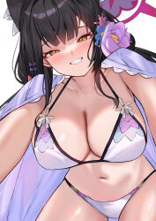 1girl animal_ear_fluff animal_ears bikini black_hair blue_archive blush breasts cape cleavage collarbone commentary_request extra_ears fox_ears fox_girl fox_tail highres large_breasts long_hair looking_at_viewer mi_taro333 navel official_alternate_costume official_alternate_hairstyle outstretched_arms purple_cape simple_background smile solo swimsuit tail wakamo_(blue_archive) wakamo_(swimsuit)_(blue_archive) white_background white_bikini yellow_eyes
