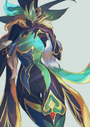 1girl adapted_costume andromeda_ys aventurine_(boss)_(honkai:_star_rail) aventurine_(honkai:_star_rail) black_gloves blonde_hair bodysuit breasts claws commentary cowboy_shot english_commentary facing_viewer fur_shawl genderswap genderswap_(mtf) gloves green_hat grey_background hands_up hat highres honkai:_star_rail honkai_(series) long_hair mask medium_breasts own_hands_together shawl simple_background solo spade_(shape) thigh_gap