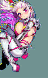 1girl animal_ears aqua_background armlet belt blush bra breasts cleavage colored_inner_hair hairband high_heels highres jewelry knees_up large_breasts long_hair looking_at_viewer multicolored_hair onono_imoko original pants pink_belt pink_bra pink_eyes pink_hair pink_tail rabbit_ears rabbit_tail shrug_(clothing) simple_background solo spiked_armlet spiked_hairband spikes tail thighs two-tone_hair underwear white_hair white_hairband white_pants white_shrug
