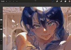 Rule 34 | 1girl, amo (amo 0514), angry, armpit crease, art program in frame, bare shoulders, black hair, blush, chinese commentary, collarbone, commentary request, crying, crying with eyes open, day, double-parted bangs, fumetsu no anata e, green eyes, hair between eyes, hair over shoulder, head tilt, highres, long hair, looking at viewer, outdoors, parona, parted lips, portrait, procreate (software), solo, sunlight, tears, user interface, v-shaped eyebrows