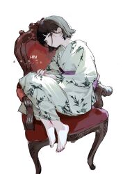 Rule 34 | 1girl, artist name, barefoot, black hair, chinese commentary, closed mouth, commentary request, dated, full body, han-0v0, highres, japanese clothes, kimono, long sleeves, looking at viewer, on chair, original, print kimono, short hair, sideways sitting pose (han-0v0), simple background, sitting, solo, white background, white kimono