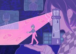 2boys abstract ahoge black_hair black_jacket checkered_clothes checkered_scarf commentary_request danganronpa_(series) danganronpa_v3:_killing_harmony ewa_(seraphhuiyu) flipped_hair from_side hair_between_eyes jacket lighthouse long_sleeves male_focus multiple_boys oma_kokichi pants profile purple_hair saihara_shuichi scarf short_hair size_difference surreal symbolism tears twitter_username two-tone_scarf walking