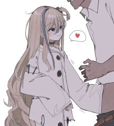 1boy 1girl absurdres belt black_choker blonde_hair choker clothes_pull dark_skin height_difference highres implied_handjob loli long_hair long_sleeves looking_at_another looking_up mesugaki original oversized_clothes pants pants_pull saltpizza shirt sleevejob smug very_long_hair white_background white_shirt