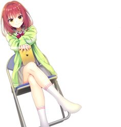 1girl bow bowtie chair closed_mouth collared_shirt crossed_legs dress folding_chair futamihara_ririko green_jacket grey_dress holding holding_tablet_pc jacket limelight_lemonade_jam long_hair long_sleeves muririn official_art orange_eyes red_bow red_bowtie red_hair shirt sitting smile socks solo tablet_pc transparent_background white_shirt white_socks yuzu-soft