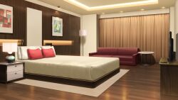 bed bedroom couch curtains desk_lamp drawer highres hotel_room indoors lamp no_humans non-web_source official_art our_life:_beginnings_and_always photo_(object) pillow rug scenery shelf table television variant_set wooden_desk wooden_floor