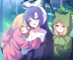 3girls ^_^ alternate_costume animal_ear_hood animal_print blonde_hair blue_archive blue_hair blue_jacket blue_pajamas blurry blurry_background building carrying carrying_person cat_print closed_eyes fake_animal_ears green_eyes green_halo green_hoodie halo headscarf highres hood hoodie indoors jacket kaine_(gupisgood) long_hair mechanical_halo midori_(blue_archive) momoi_(blue_archive) multiple_girls night pajamas pink_hoodie siblings sisters skyscraper sleeping smile sweat twins white_headscarf window yuuka_(blue_archive) yuuka_(pajamas)_(blue_archive) zipper