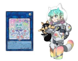 Rule 34 | 1girl, :p, absurdres, black cat, blue hair, cat, cooky yummy, duel monster, food-themed creature, gradient hair, groin, helmet, highres, hjjeon02, holding, medium hair, multicolored hair, photo-referenced, pink hair, space helmet, spacesuit, standing, star-shaped pupils, star (symbol), strap, symbol-shaped pupils, tail, tongue, tongue out, white background, yu-gi-oh!, yummy snatchy