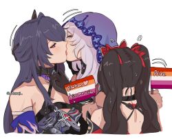 acheron_(honkai:_star_rail) bare_shoulders black_choker black_gloves black_swan_(honkai:_star_rail) breasts brown_hair choker cleavage detached_sleeves dress elbow_gloves fox_mask french_kiss gloves hair_over_one_eye hair_spread_out highres honkai:_star_rail honkai_(series) kiss large_breasts lesbian_flag lgbt_pride long_hair mask mask_on_head multicolored_hair multiple_girls open_mouth purple_dress purple_eyes purple_gloves purple_hair purple_sleeves purple_veil red_dress red_sleeves sleepy_kaslana sparkle_(honkai:_star_rail) streaked_hair twintails veil very_long_hair yuri