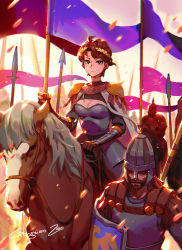 1girl 6+boys armor beard breasts brown_hair cape cavalry circlet cleavage closed_mouth facial_hair flag gauntlets gongxiao_zao green_eyes helmet highres holding holding_flag holding_polearm holding_shield holding_weapon horse horseback_riding multiple_boys original polearm riding shield short_hair signature warrior weapon white_cape