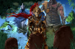 1girl 3boys armor artorias_the_abysswalker dark_souls_(series) dark_souls_i dragon_slayer_ornstein fromsoftware grave hawkeye_gough highres lord&#039;s_blade_ciaran multiple_boys shield